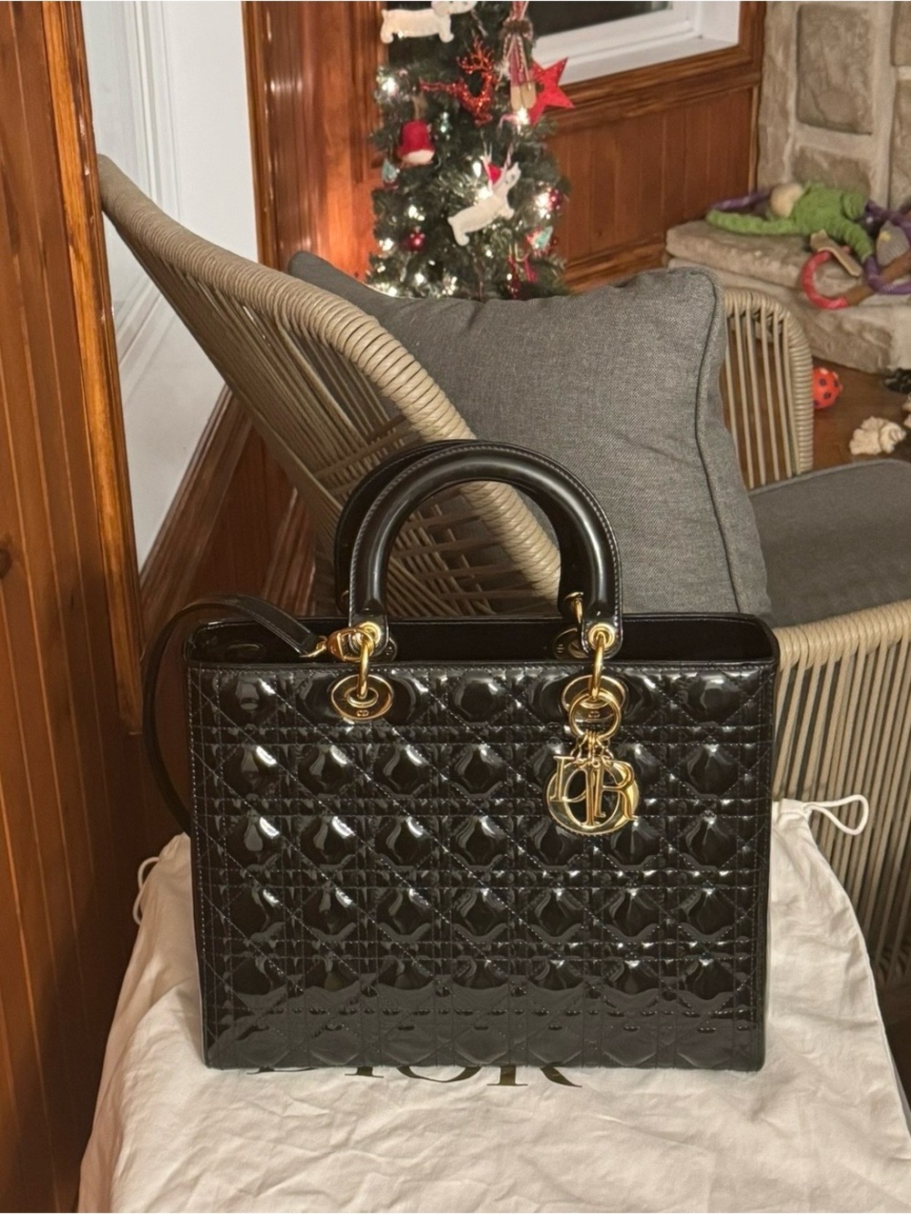 Lady Dior bag -Large -Black Patent cannage calfskin with Gold Hardware and Charm
